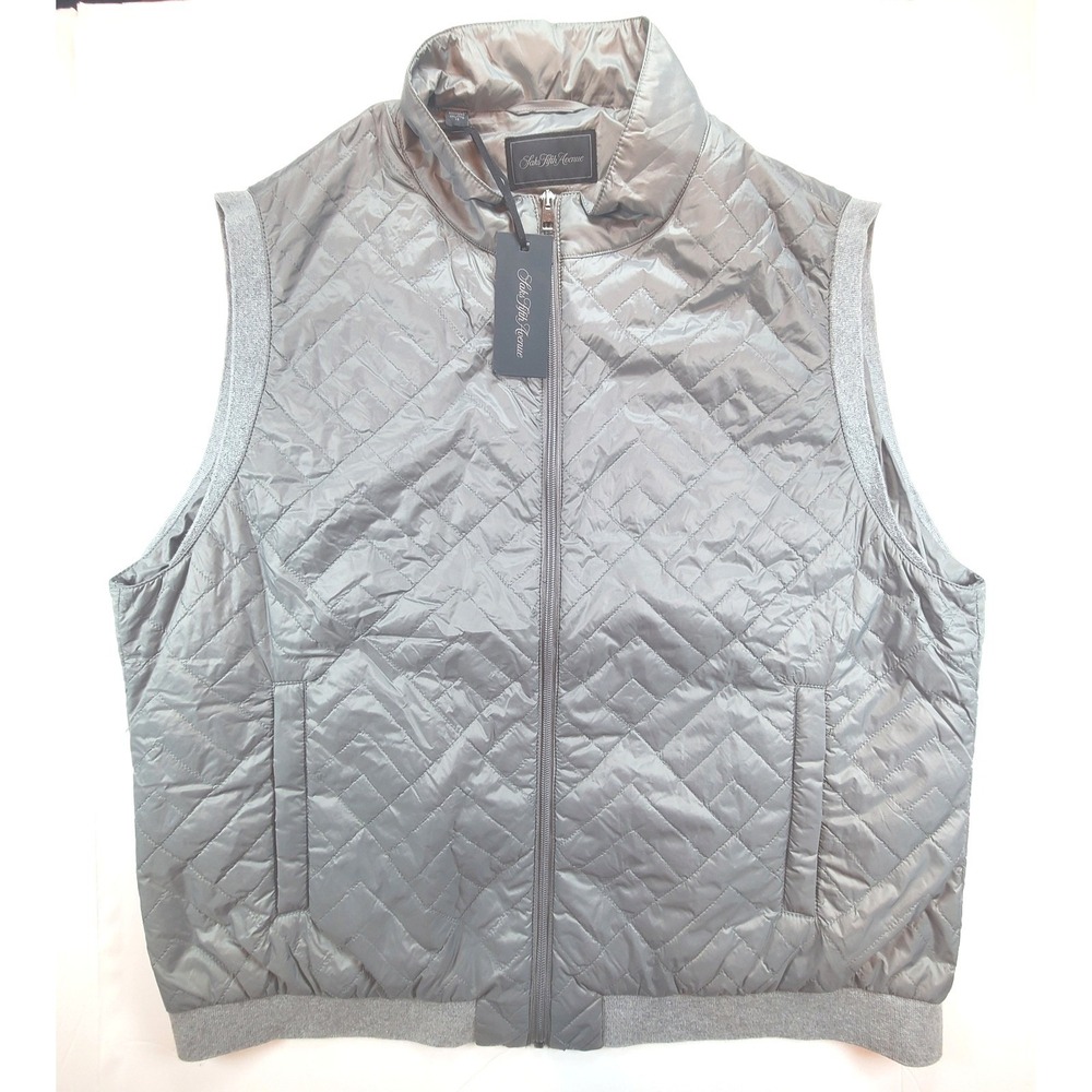 Saks Fifth Avenue Quilted Vest Gray Full Zip Puffer Gilet Mens 2XL Mock‎ Neck